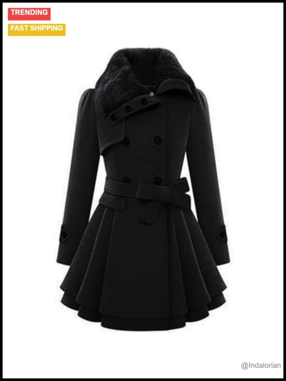 Faux Fur Collar Double Breasted Flare Pea Coat Trench Jacket